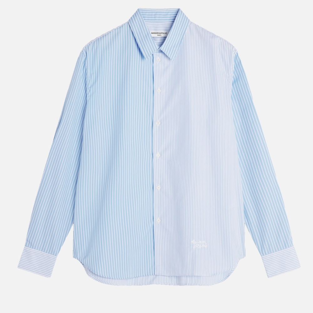 MAISON KITSUNE Mens Shirt Medium Blue Patchwork Stripes Relaxed Fit NEW NEW